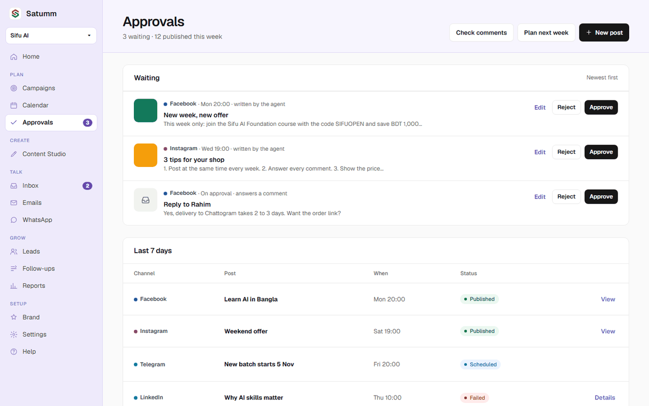 The Satumm Marketing Agent app: posts waiting for approval